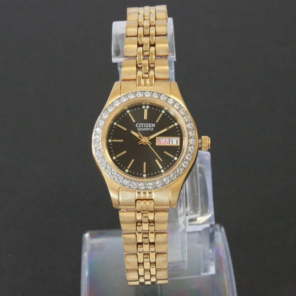 Citizen Ladies Classic Quartz Watch Crystal Bezel Gold Toone Black Dial 26mm - Picture 3 of 13